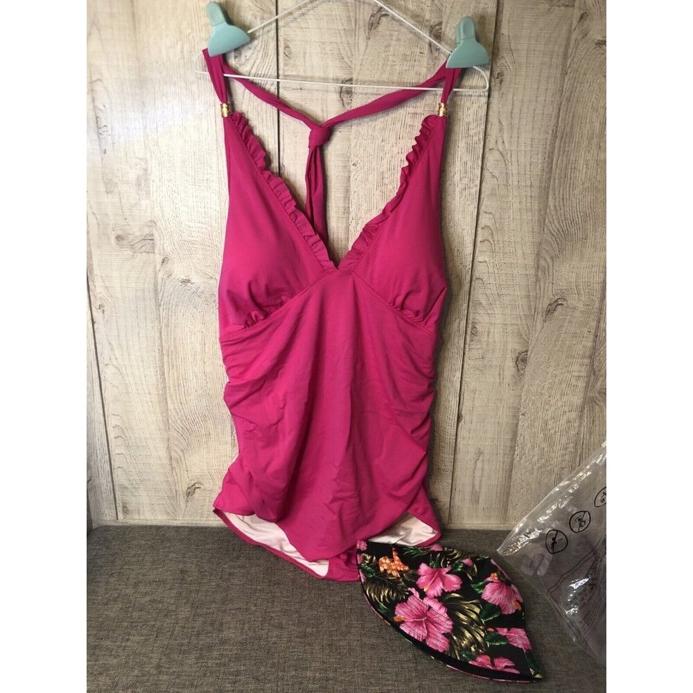 Women's Pink Swim Suit with Hawaiian Floral Black Bucket Beach Hat Size 3XL. E1 - Picture 2 of 10
